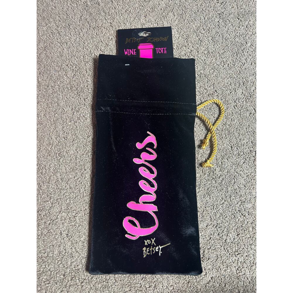 Betsey Johnson Cheers Wine Tote Bag Black Pink Velvet Gold Drawstring Gift Bag
